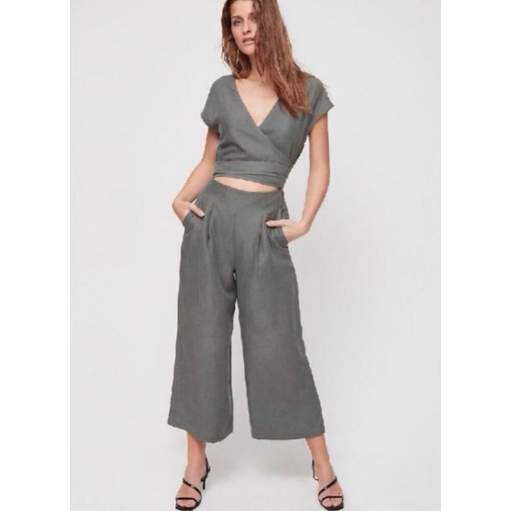 Aritzia Wilfred Revolve Brax Linen Blend Jumpsuit Sagesse Grey Green Wrap sz 8